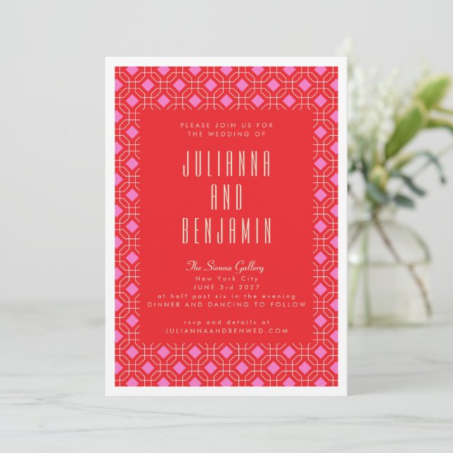 Mid Century Modern Red and Pink Geometric Wedding  Invitation (Standing Front)