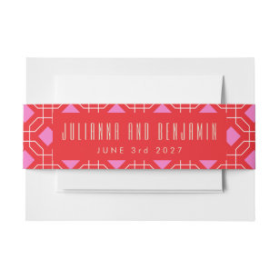 Mid Century Modern Red and Pink Geometric Wedding Invitation Belly Band