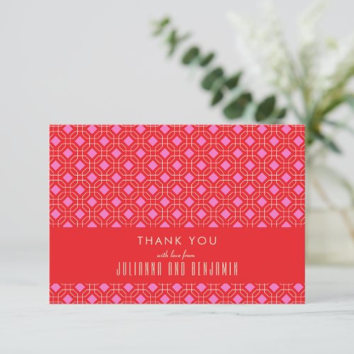 Mid Century Modern Red and Pink Geometric Wedding Thank You Card