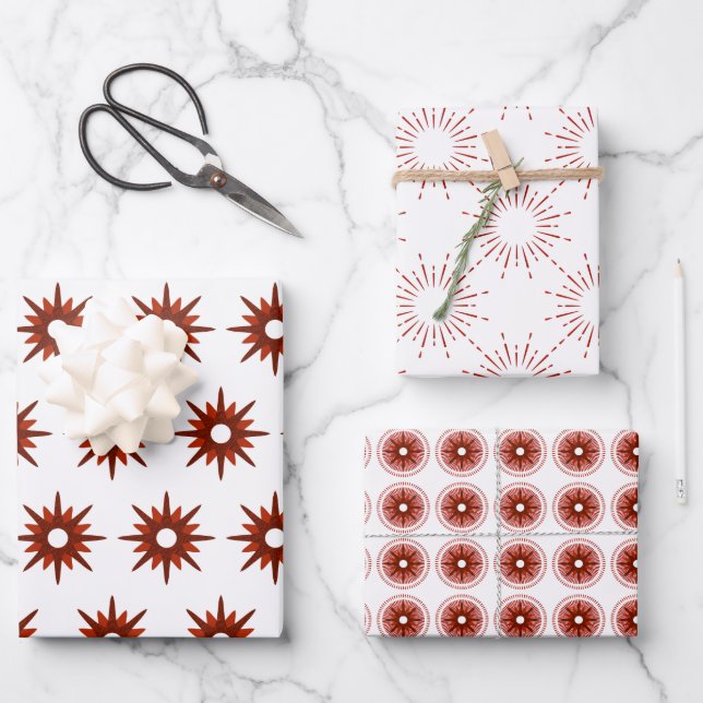 Mid-Century Modern Red Christmas Starburst Wrapping Paper Sheets (Front)