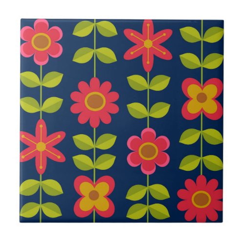 Mid Century Modern red flowers with leaves   Ceramic Tile