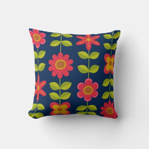 Mid Century Modern red flowers with leaves    Throw Pillow