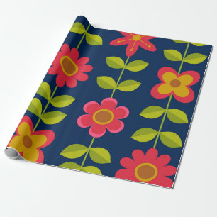 Mid Century Modern red flowers with leaves Wrapping Paper