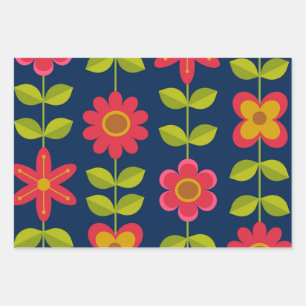 Mid Century Modern red flowers with leaves Wrapping Paper Sheets