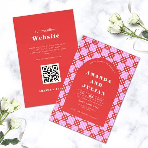 Mid Century Modern Red Pink All in One Wedding  Invitation