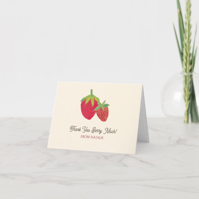 Mid-Century Modern Red Strawberry Hand-Illustrated Thank You Card (Front)