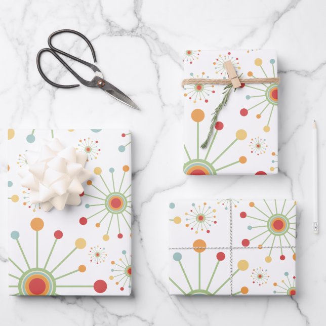 Mid Century Modern Retro 1970s Inspired Sun Burst Wrapping Paper Sheets (Front)