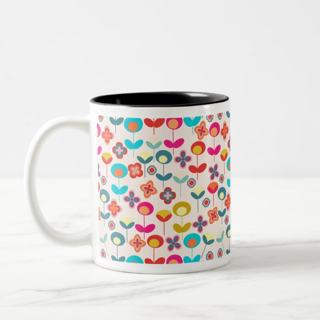 Mid-Century Modern | Retro 60s 70s Flower Pattern Two-Tone Coffee Mug (Left)