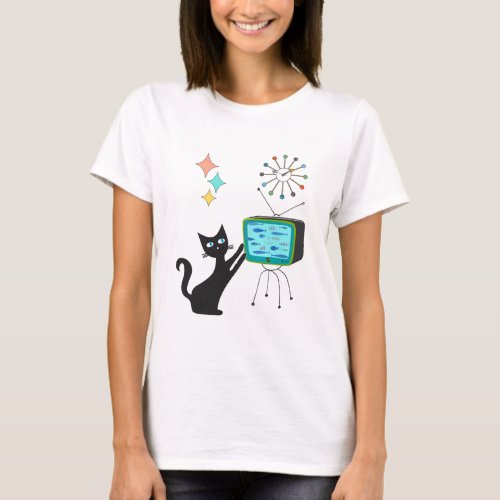 Mid Century Modern Retro Atomic Funny Cat with Fis T_Shirt