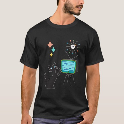 Mid Century Modern Retro Atomic Funny Cat with Fis T_Shirt