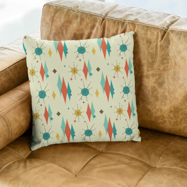 Mid Century Modern Retro Atomic Starburst Diamond Throw Pillow
