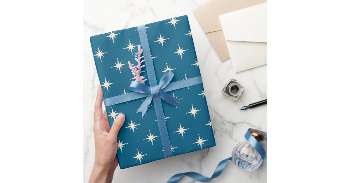 Mid century Modern Retro Blue Atomic Stars Wrapping Paper | Zazzle