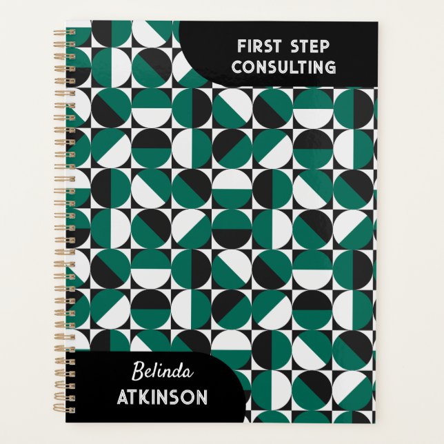 Mid century modern retro boho green and black planner (Front)