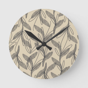 Mid Century Modern Retro Botanical Gray Beige Round Clock