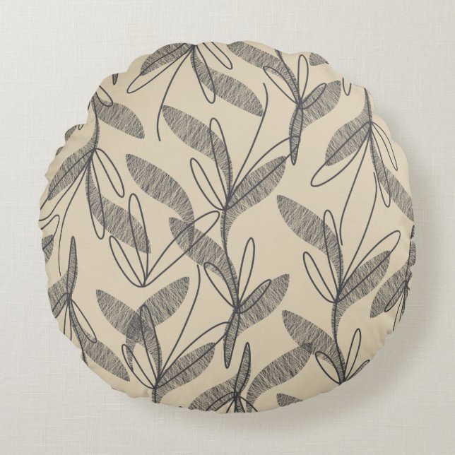 Mid Century Modern Retro Botanical Gray Beige Round Pillow (Front)