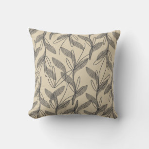 Mid Century Modern Retro Botanical Gray Beige Throw Pillow