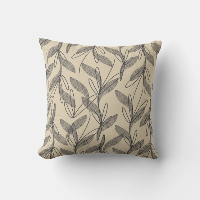 Mid Century Modern Retro Botanical Gray Beige Throw Pillow (Front)