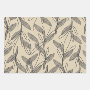 Mid Century Modern Retro Botanical Gray Beige Wrapping Paper Sheets