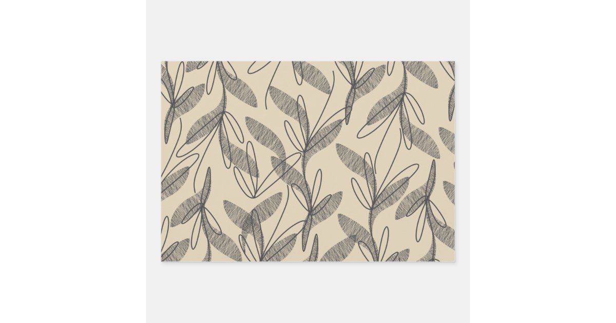 Mid Century Modern Retro Botanical Gray Beige Wrapping Paper
