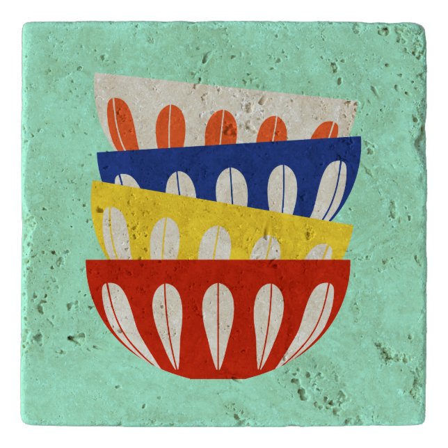 Mid Century Modern Retro Bowls Stone Trivet (Front)