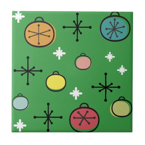 Mid Century Modern Retro Christmas Art Green Ceramic Tile