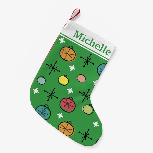 Mid Century Modern Retro Christmas Art Green Small Christmas Stocking (Front (Hanging))