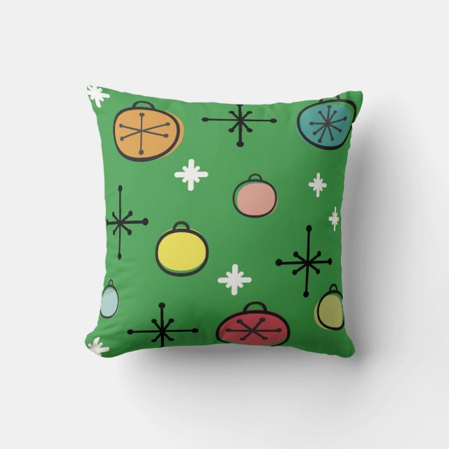 Mid Century Modern Retro Christmas Art Green Throw Pillow (Front)