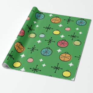 Mid Century Modern Retro Christmas Art Green Wrapping Paper