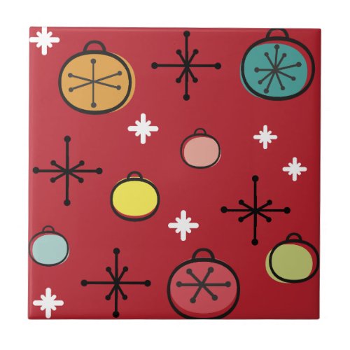 Mid Century Modern Retro Christmas Art Red Ceramic Tile