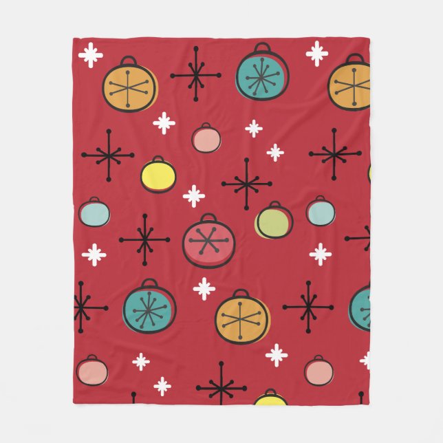 Mid Century Modern Retro Christmas Art Red Fleece Blanket (Front)
