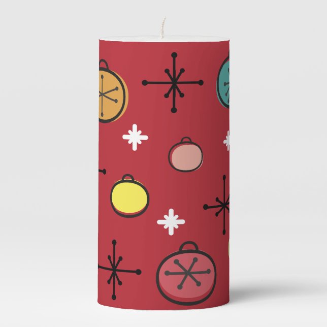 Mid Century Modern Retro Christmas Art Red Pillar Candle (Front)
