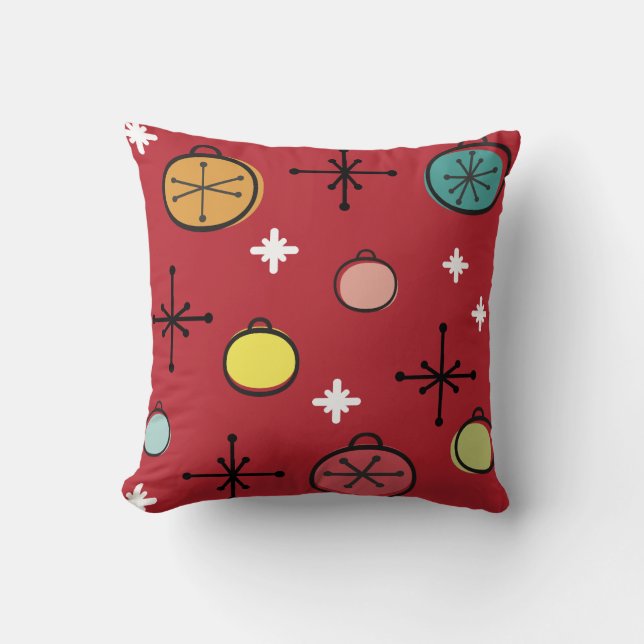 Mid Century Modern Retro Christmas Art Red Throw Pillow (Front)