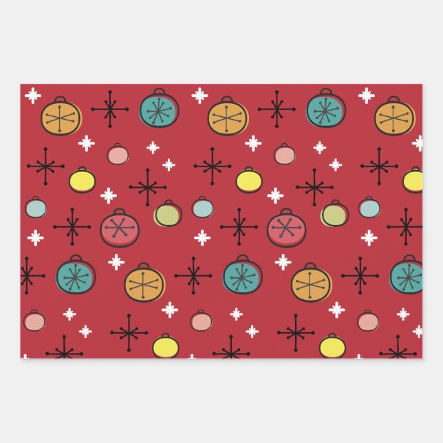 Mid Century Modern Retro Christmas Art Red Wrapping Paper Sheets (Front)