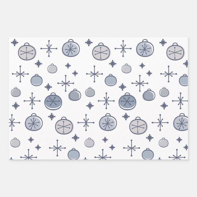 Mid Century Modern Retro Christmas Art Silver Wrapping Paper Sheets (Front)