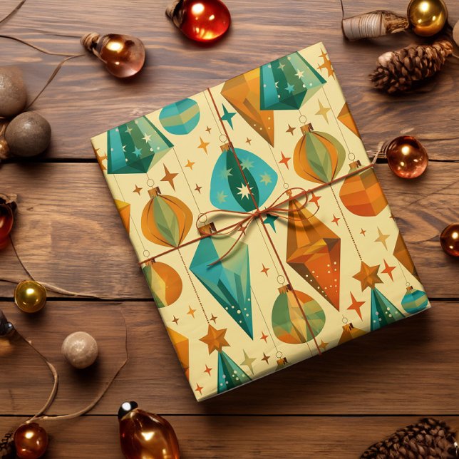Mid-century Modern Retro Christmas Atomic Ornament Wrapping Paper (Mid century modern retro christmas wrapping paper in vintage gold, copper, and teal)