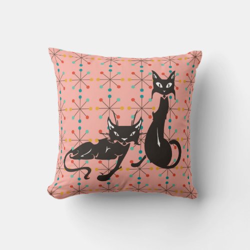 Mid Century Modern Retro Cool Black Cats Pink Throw Pillow