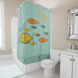 Mid Century Modern Retro Fish Swimming on Aqua Shower Curtain