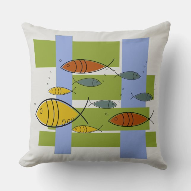Mid Century Modern Retro Fish Swimming on Gray Throw Pillow (Front)