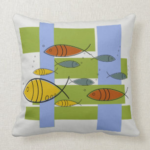 Mid Century Modern Retro Fish Swimming on Gray Throw Pillow