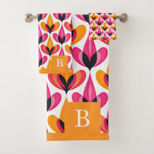 Mid Century Modern RETRO Floral Pattern Monogram Bath Towel Set