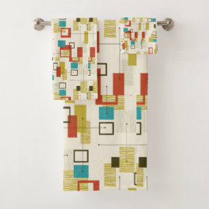 Mid Century Modern, Retro, Geometric, Turquoise, Bath Towel Set