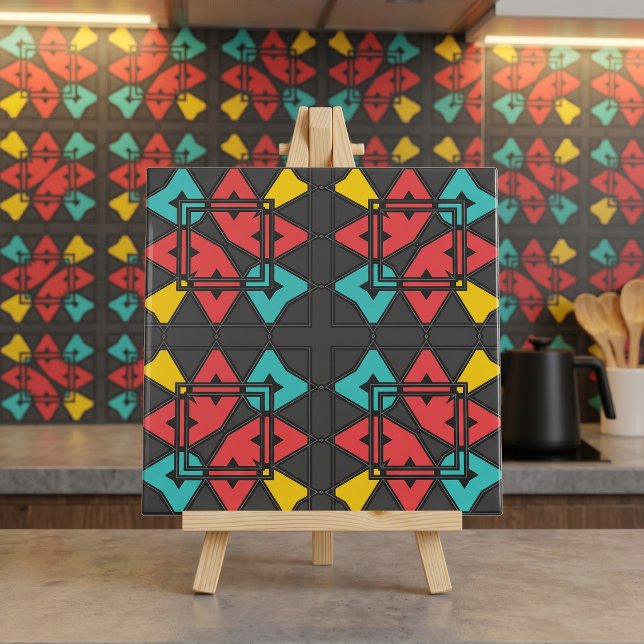 Mid Century Modern Retro Geometric Turquoise Red Ceramic Tile (Creator Uploaded)