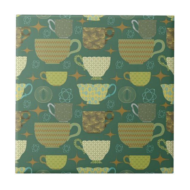 Mid Century Modern Retro Green Teacup Ceramic Tile (Front)