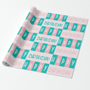 Mid-Century Modern Retro Happy Birthday Pink Blue Wrapping Paper