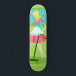 Mid Century Modern Retro Housewife Skateboard<br><div class="desc">This Mid Century Modern Retro Housewife Skateboard will have you breaking out your strands of pearls to do the most mundane tasks. The design features a lime green background with blue paned window. But, the pièce de résistance is most assuredly the classic television housewife wearing a poofy pink dress with...</div>
