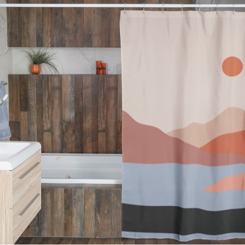 Mid Century Modern Retro Landscape Orange  Shower Curtain