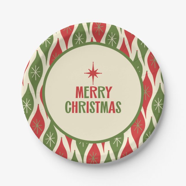 Mid Century Modern Retro Merry Christmas Paper Plates (Front)