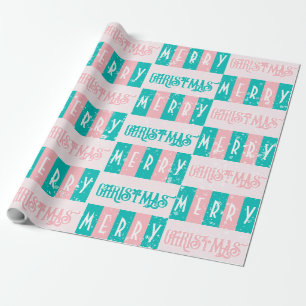 Mid-Century Modern Retro Merry Christmas Pink Blue Wrapping Paper
