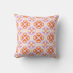 Mid Century Modern Retro Orange & Lavender Floral Throw Pillow