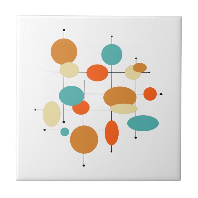 Mid Century Modern Retro Orange Turquoise Circles Ceramic Tile (Front)